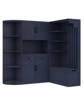 Blue Hall Tree Cabinet with Storage & Hooks