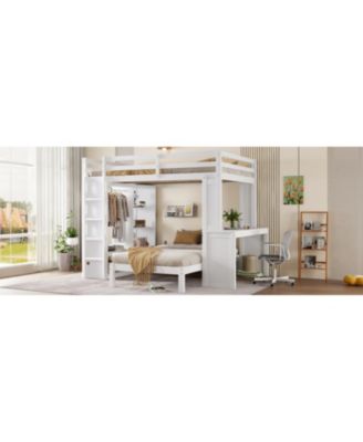 Queen over Twin Bunk Bed with Desk, Shelves & Wardrobe - White