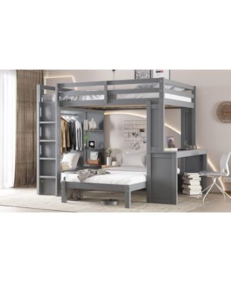 Queen over Twin Bunk Bed with Desk, Shelves & Wardrobe