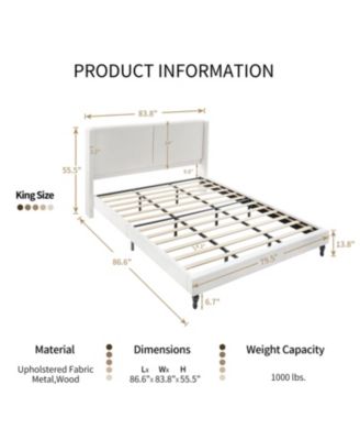 King Size Bed Frame, Boucle Upholstered Headboard, Wood Feet