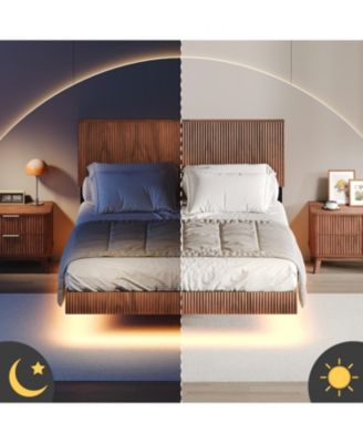 Streamdale Walnut Queen Bed with Charging, LED, Wavy Headboard - No Box Spring