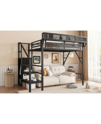Streamdale Twin/Full Metal Loft Bed with Stairs, Shelves & Wardrobe - Black
