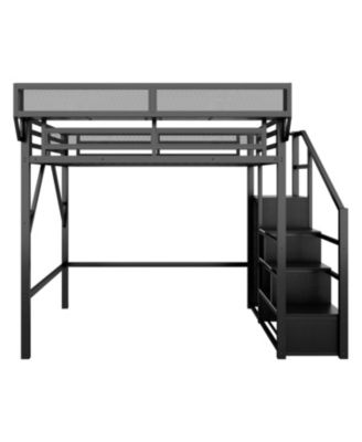 Full Size Metal Loft Bed with Stairs, Storage & Wardrobe - Black