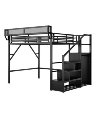 Streamdale Queen Loft Bed with Stairs, Metal Frame, Storage Shelves & Wardrobe