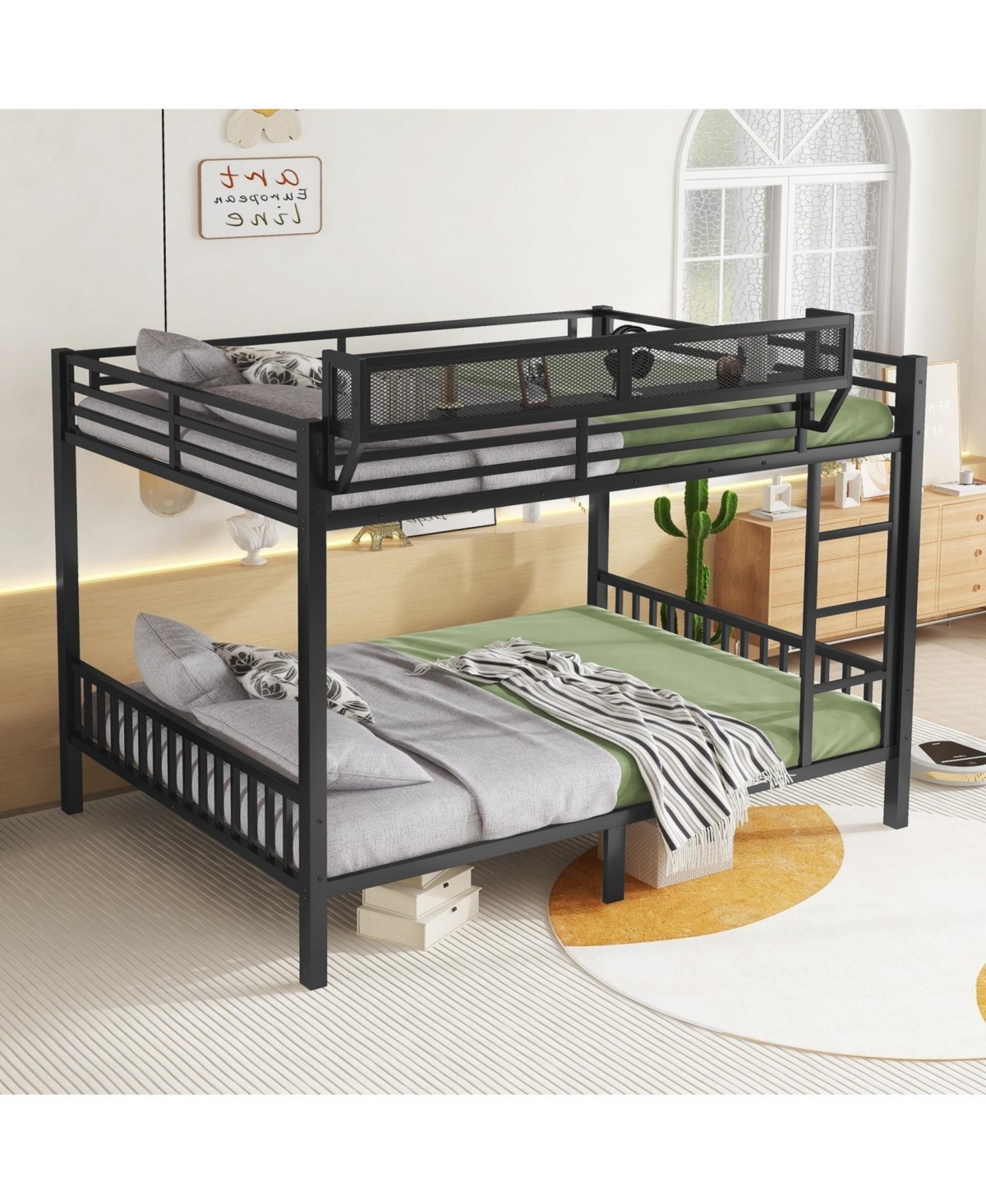 Streamdale Furniture Queen Over Queen Metal Bunk Bed w/ Ladder & Shelf, Black