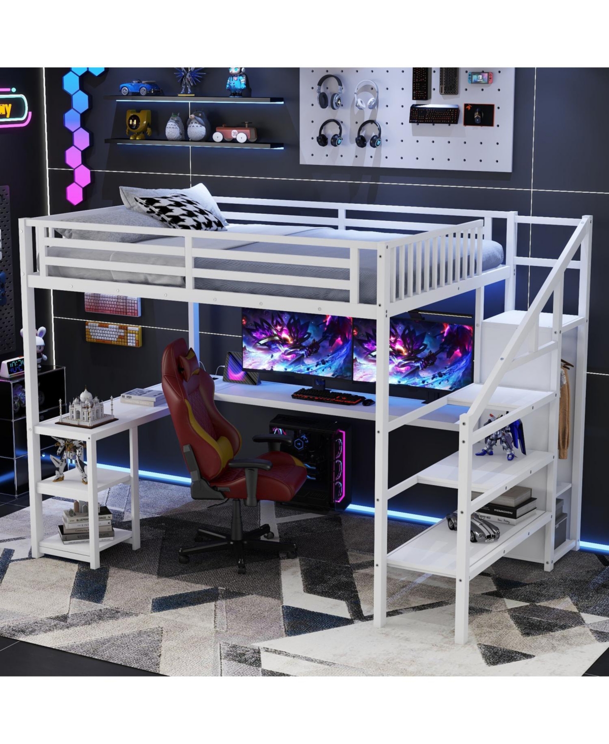 Streamdale Queen Loft Bed with Wardrobe, Desk, & Led - White