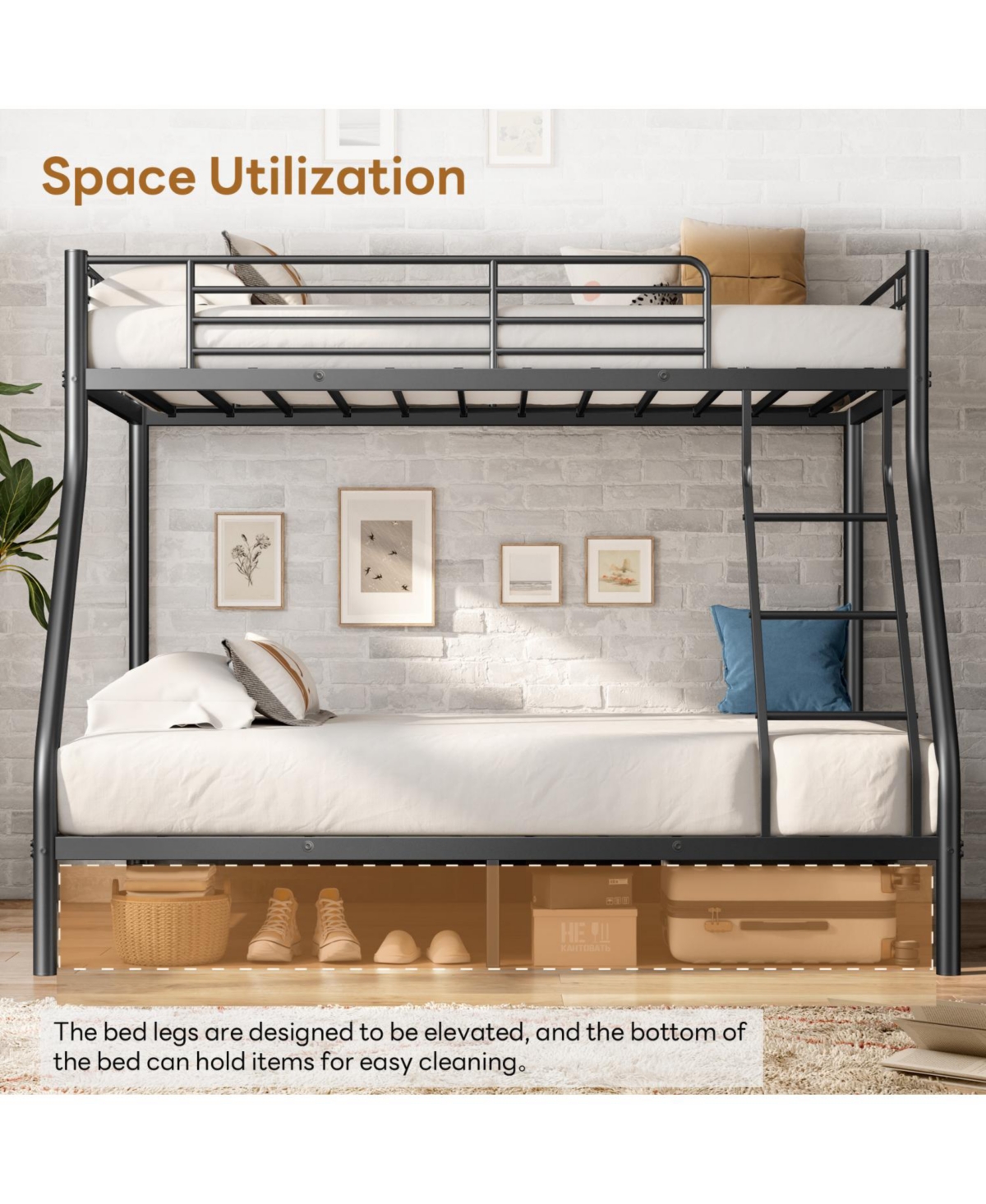 Streamdale Furniture Metal Bunk Bed, Twin Over Full Size Support for Adults Teens