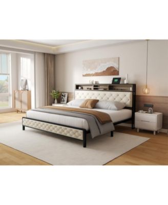 King Upholstered Platform Bed Frame with Charging Station