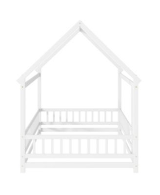 Full Size House Floor Wooden Bed with Roof Frame, Safety Guardrails