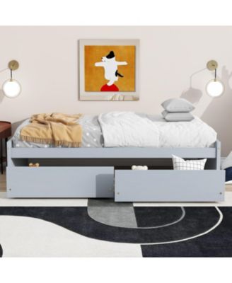 Twin Size Bed with 2 Drawers, Solid Rubber Wood Bed