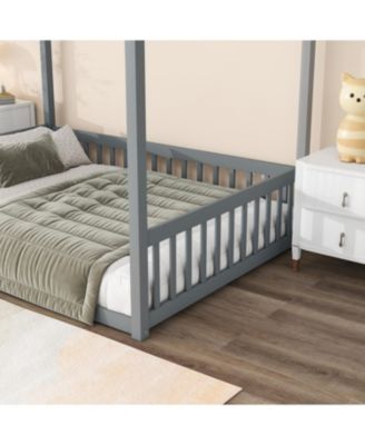 Full Size Canopy Frame Rubber Wood Floor Bed with Fence,Guardrails