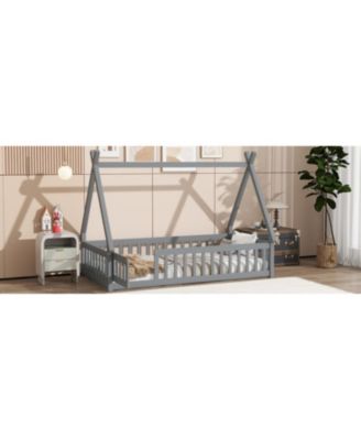 Twin Tent-shaped Floor Bed,Teepee Bed with Guardrails,Slats and Door