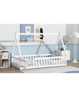  Twin Tent-shaped Floor Bed,Teepee Bed with Guardrails,Slats and Door