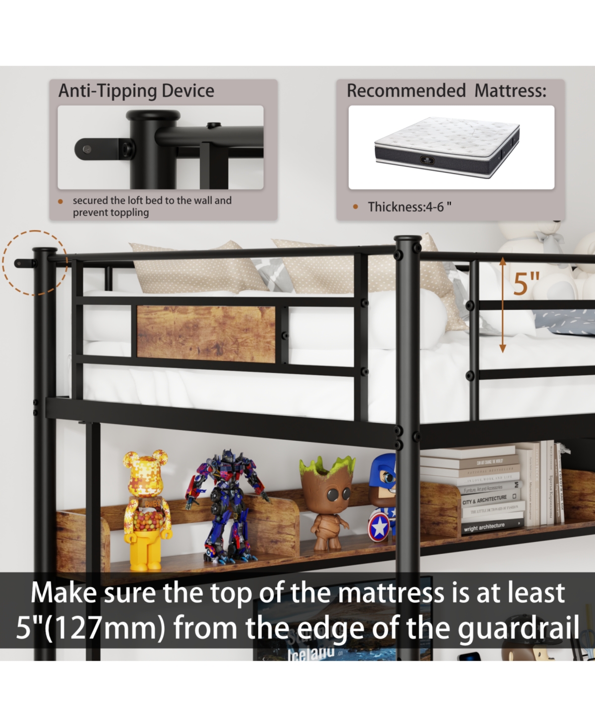 Streamdale Furniture Loft Bed Twin with L-Desk, Charging Station, Drawers & Shelves - Brown