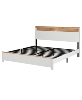 King Bed Frame with Built-In Charging Station in Rustic White