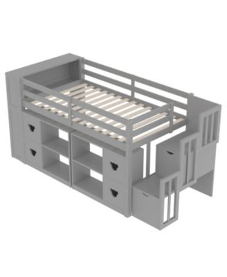  Kids' Pine Loft Bed with Storage, Stairs & LED Lights