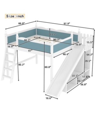 Queen Loft Bed with Storage Shelves, Cabinet, Slide & Ladder (Blue/White)
