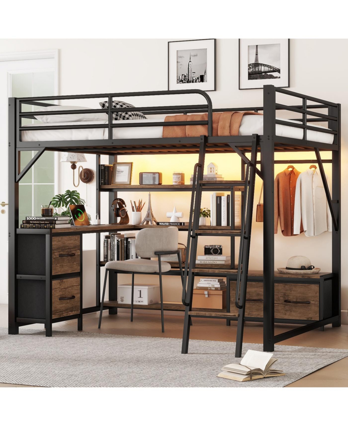 Streamdale Queen Size Loft Bed with Desk, Led, Shelves, Wardrobe & Drawers