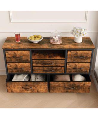 8-Drawer Dresser TV Stand with LED Lights & Charging Station, 55" Entertainment Center Storage, Rustic Brown