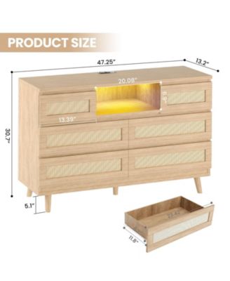 6-Drawer Modern Rattan Dresser for Bedroom, LED Dresser with Charging Station, TV Stand, Closet, Living Room, Hallway