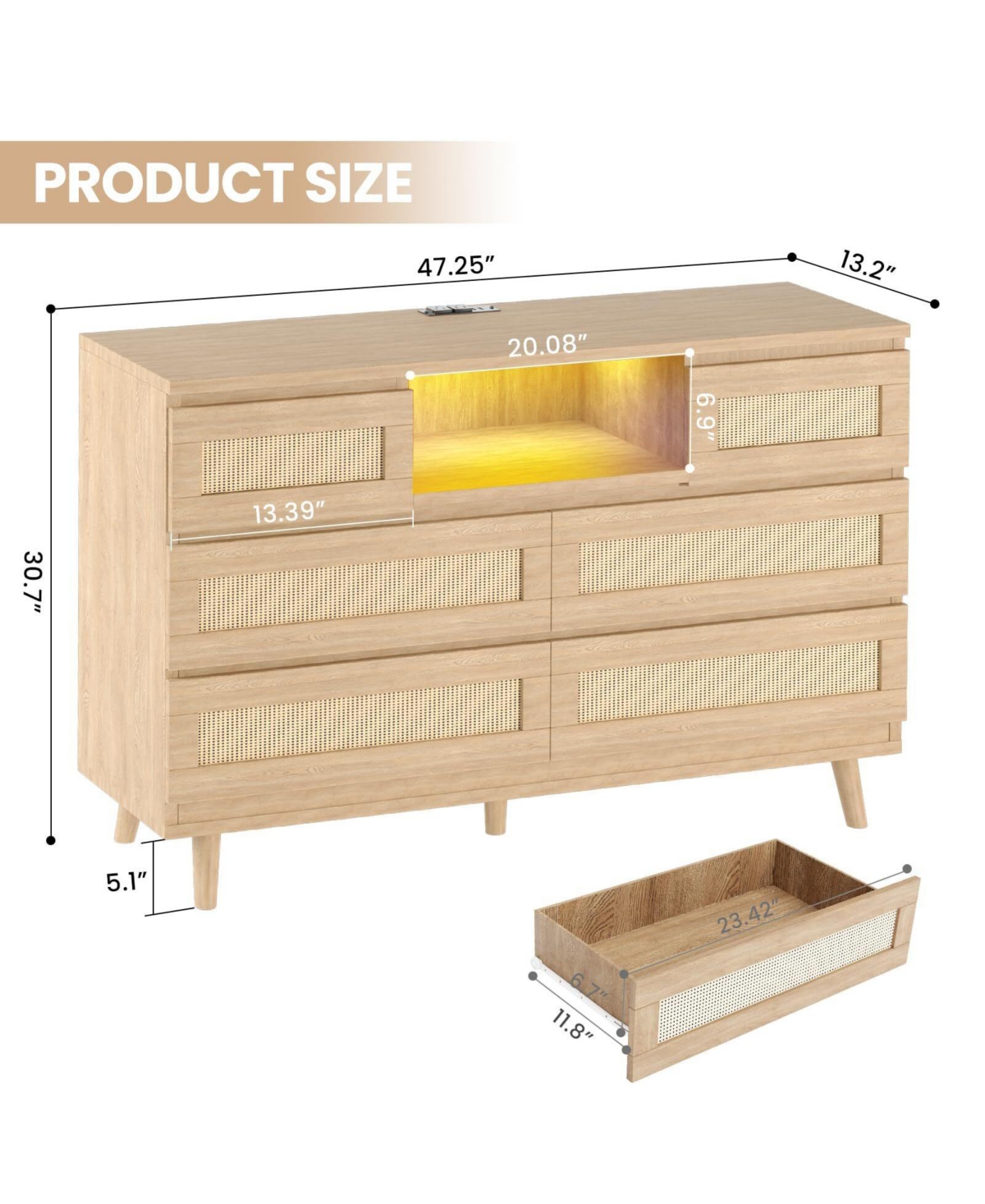 gaomon 6-Drawer Modern Rattan Dresser for Bedroom, Led Dresser with Charging Station, Tv Stand, Closet, Living Room, Hallway