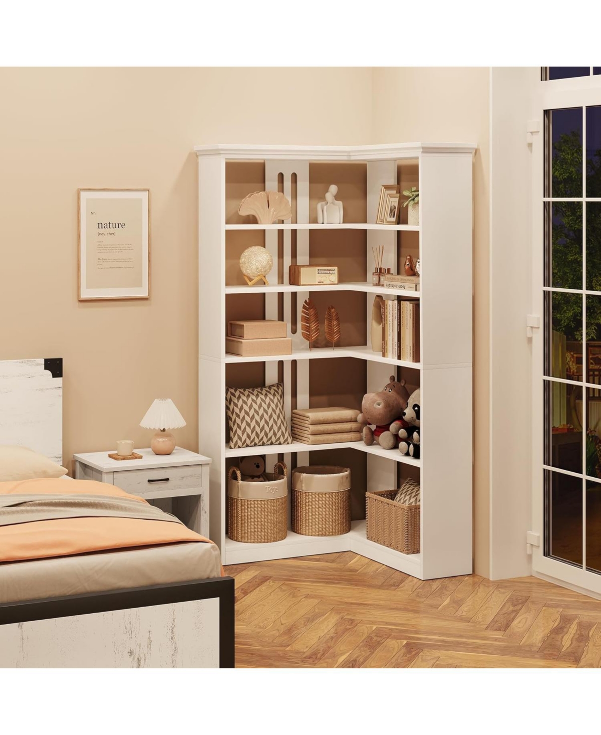 gaomon 5-Tier Farmhouse Corner Bookshelf, 72.8" L Shaped Wood Display Rack, White Half Panel, Living Room, Office