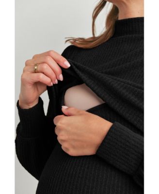 Maternity Double Layer Mock Neck Ribbed Nursing Dress
