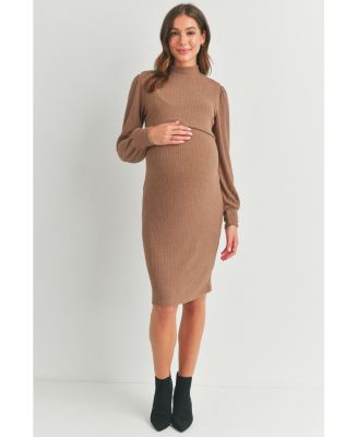 Maternity Double Layer Mock Neck Ribbed Nursing Dress