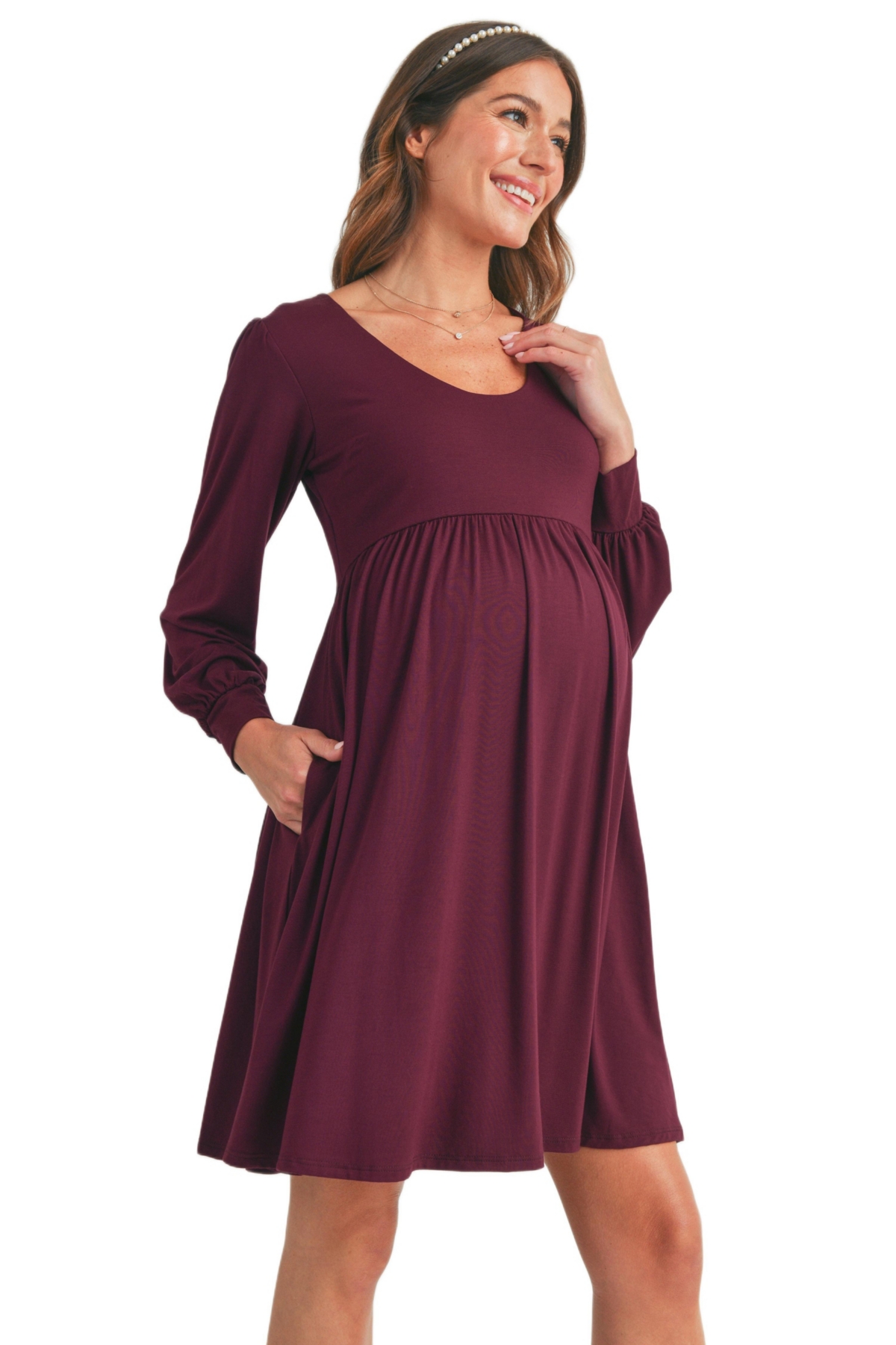 Hello Miz Women's Long Sleeve Empire Waist Scoop Neck Maternity Dress
