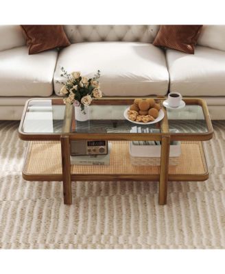 2-Tier Rustic Coffee Table with Storage Tempered Glass Tabletop PE Rattan Shelf