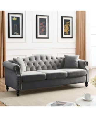 Grey Velvet Chesterfield Sofa with Tufted Couch