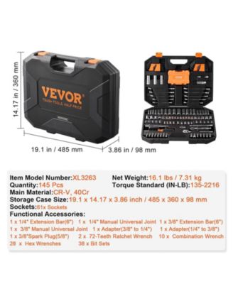 145-Piece Professional Tool Set with SAE/Metric Sockets & Storage Case