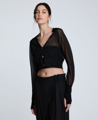 Women's Long Sleeve Sheer Cropped Cardigan Sweater