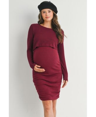 Maternity Long Sleeve Ribbed Side Ruched Nursing Dress