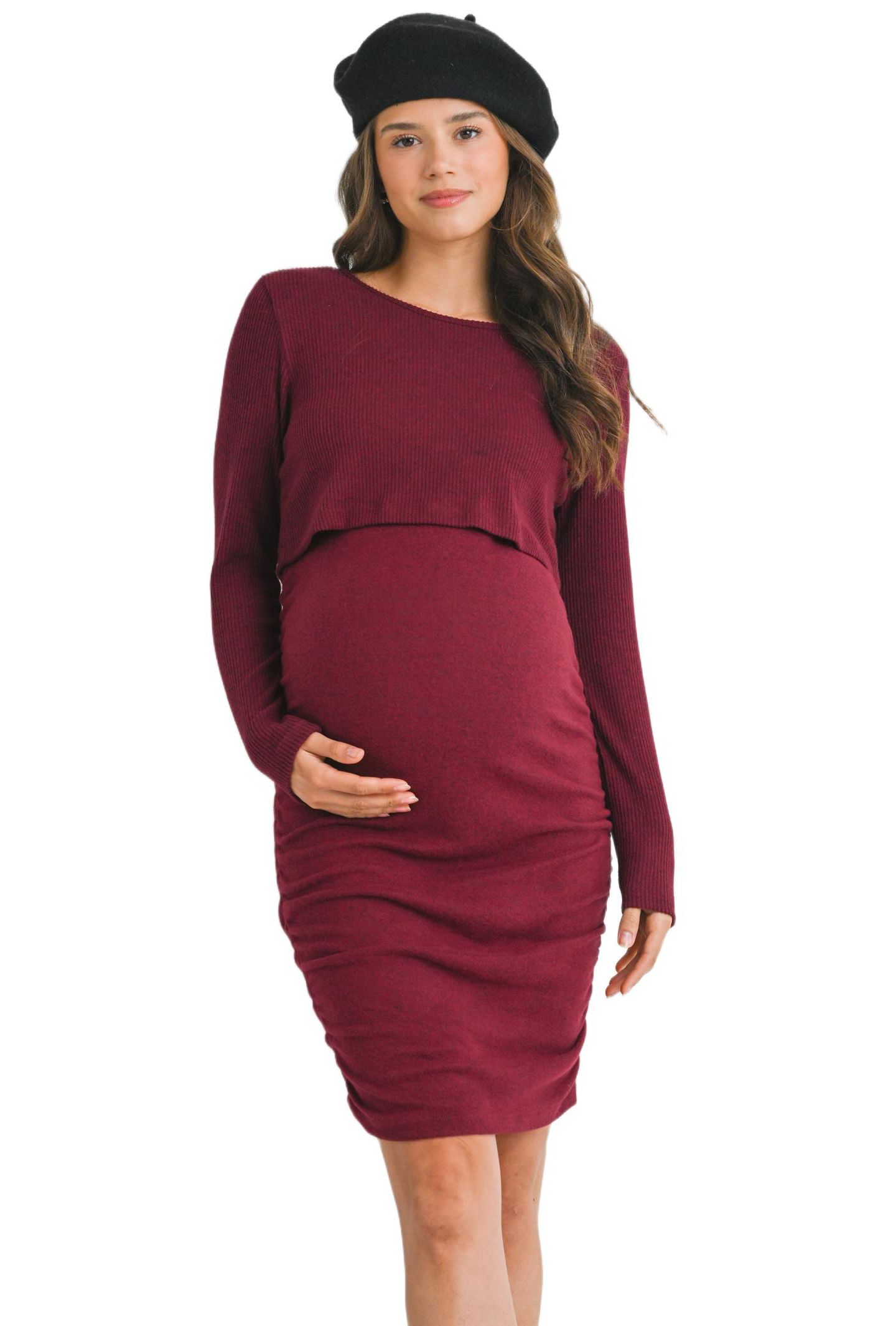 Женское платье Hello Miz Long Sleeve Ribbed Side Ruched Nursing, цвет: Бордовый — фото 1