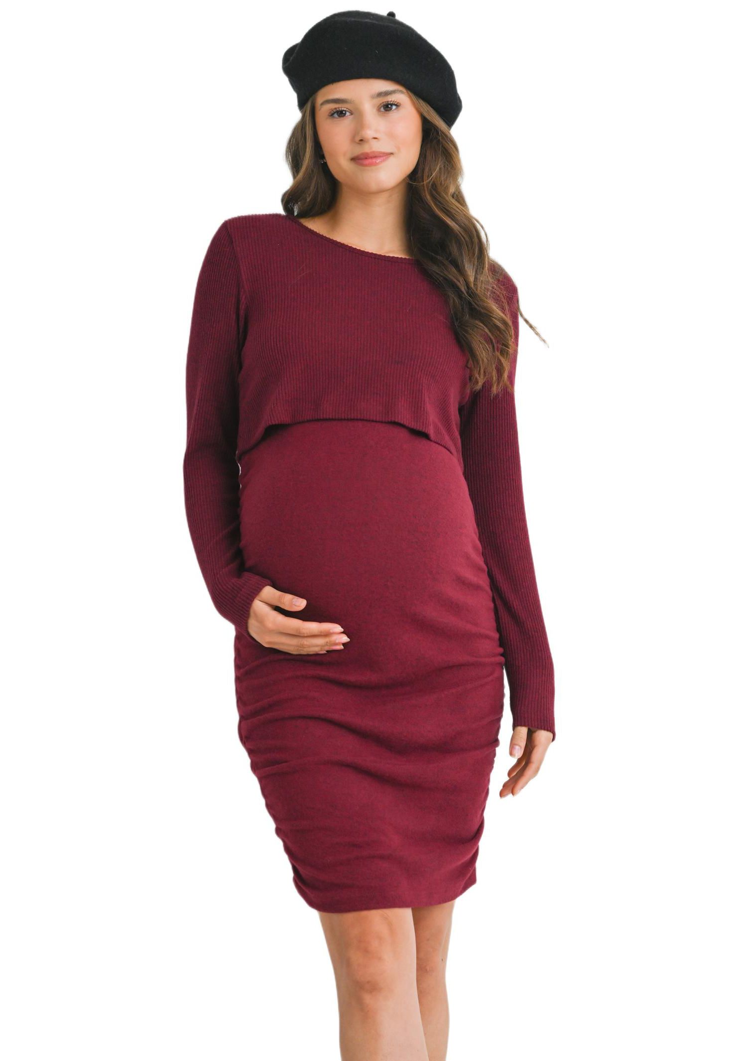 Women's Long Sleeve Ribbed Side Ruched Nursing Dress