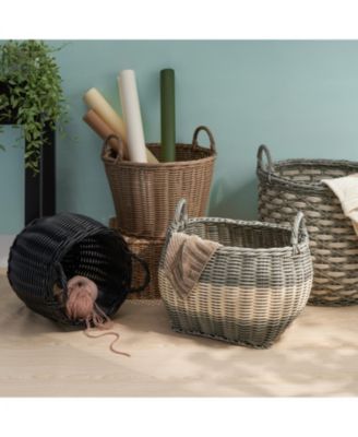 Round Resin Woven Hamper Basket, with Handles, Multi-Purpose Organizer, for Decoration in Bedroom, Living Room, Laundry Room, Entryway