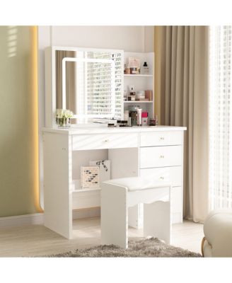 5-Drawers White Makeup Vanity Sets Dressing Table Sets with LED Dimmable Mirror, Stool and 3-Tier Storage Shelves