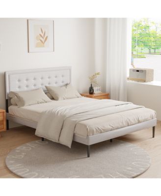 Queen Size Iron Platform Bed Frame with Wooden Slats & Upholstered Headboard Elegant Playhouse Style