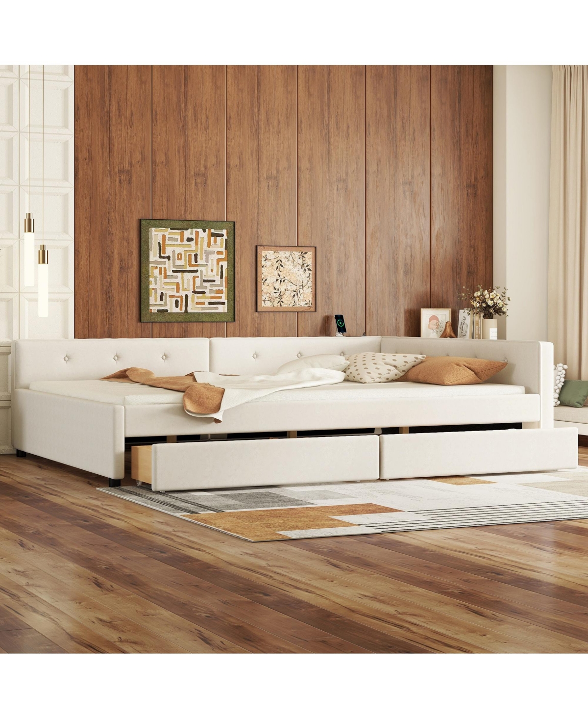 Lovmor Full Size Upholstered Platform Bed with Usb and 2 Drawers Beige