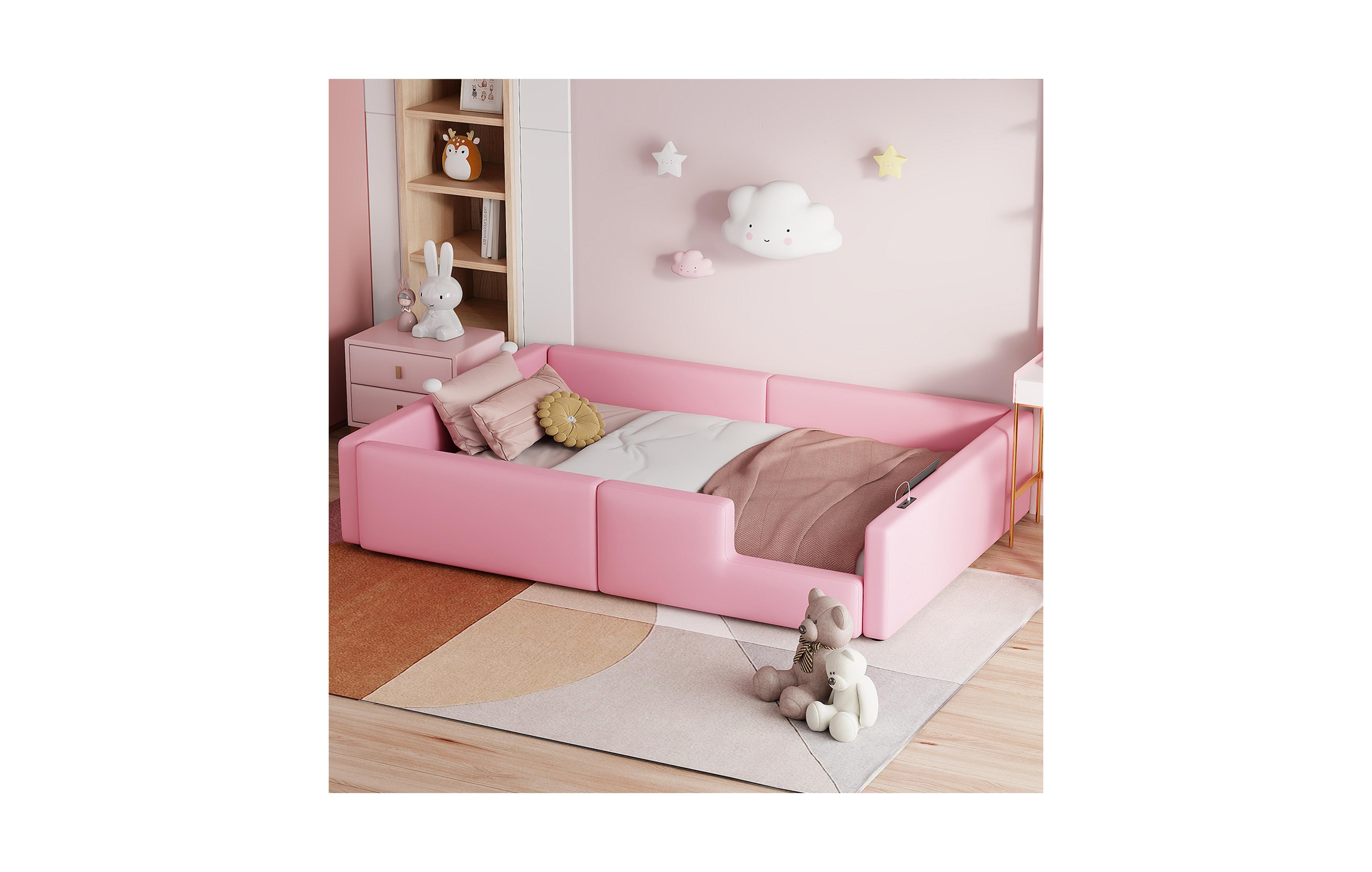 Lovmor Twin Size Upholstered Platform Bed with Guardrail and Charging Station Pink