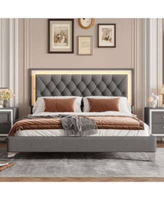 Queen Size Upholstered Bed Frame with LED Lights Modern Velvet Platform Bed with Tufted Headboard Gray