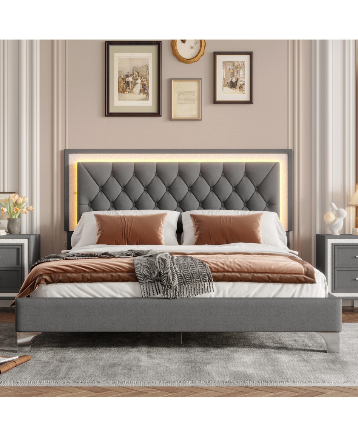 Lovmor Queen Size Upholstered Bed Frame with Led Lights Modern Velvet Platform Bed with Tufted Headboard