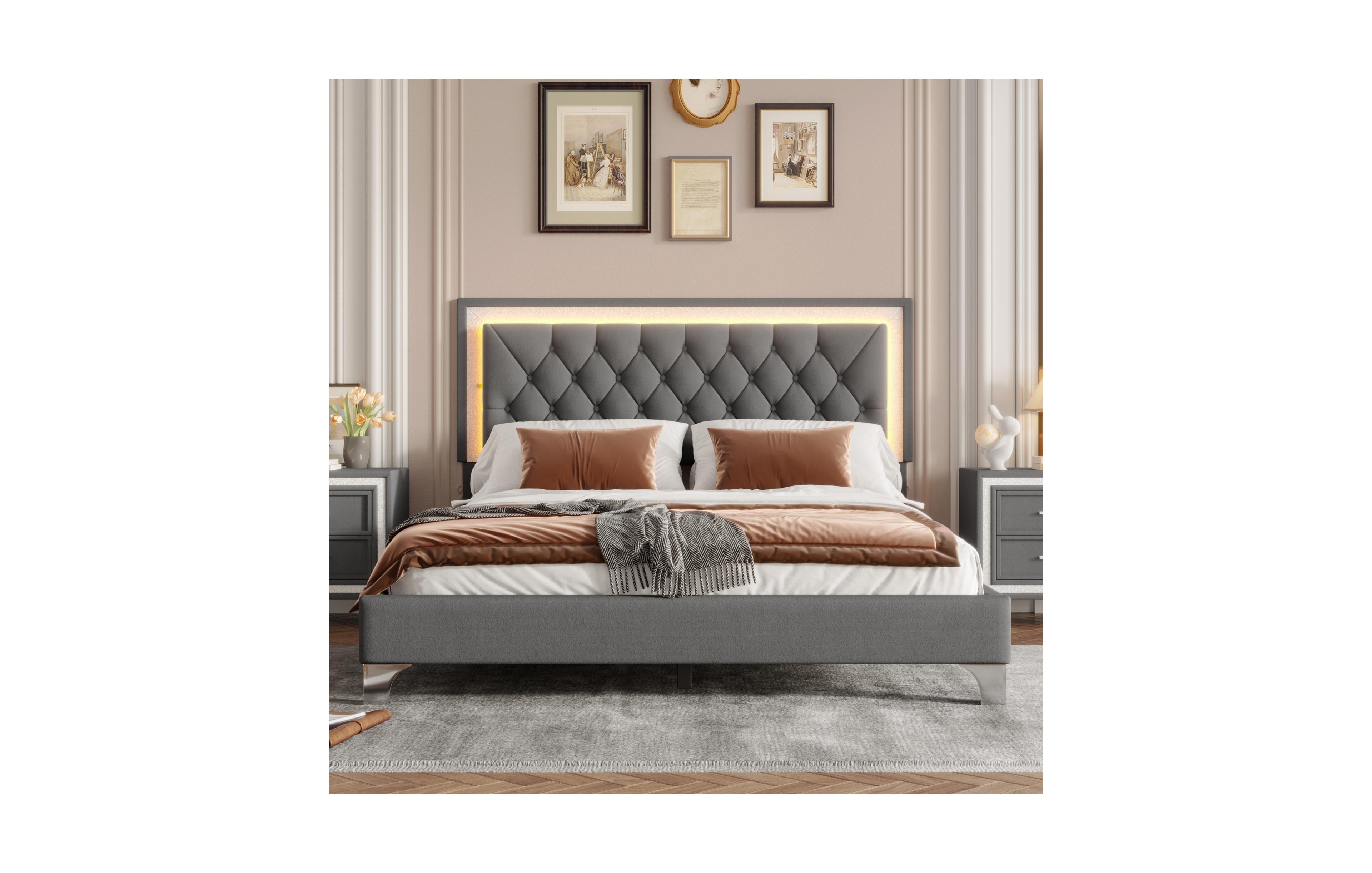 Lovmor Queen Size Upholstered Bed Frame with Led Lights Modern Velvet Platform Bed with Tufted Headboard Gray