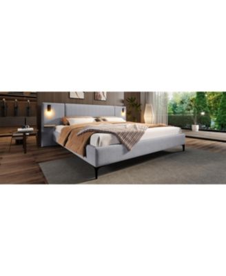 Chic Linen Upholstered Bed with Integrated Lights and Shelves Grey Queen