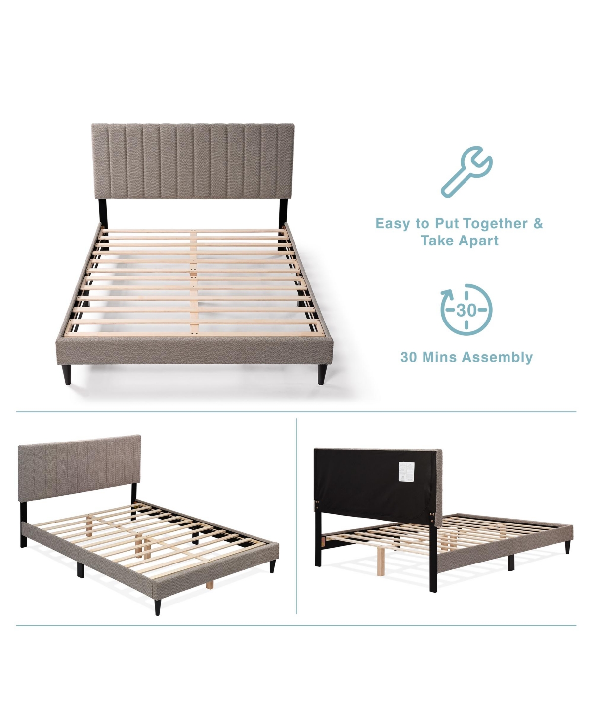 Lovmor Gray Upholstered Queen Platform Bed Frame Tufted Channel Headboard Mid-Century Bedroom Furniture No Box Spring Required