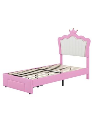Twin Size Upholstered Bed Frame with LED Lights Modern Upholstered Princess Bed with Crown Headboard a Drawer