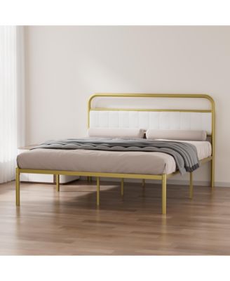 Queen-Size Metal Steel Platform Bed Frame with Durable Upholstered Headboard Cushion Iron & Wood Adjustable for Hotels Villas