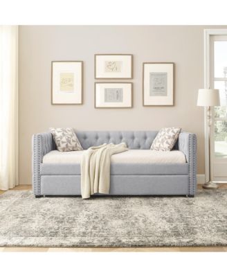 Daybed with Trundle, Twin Size, Upholstered Tufted Sofa Bed with Button & Copper Nail Accents on Square Arms