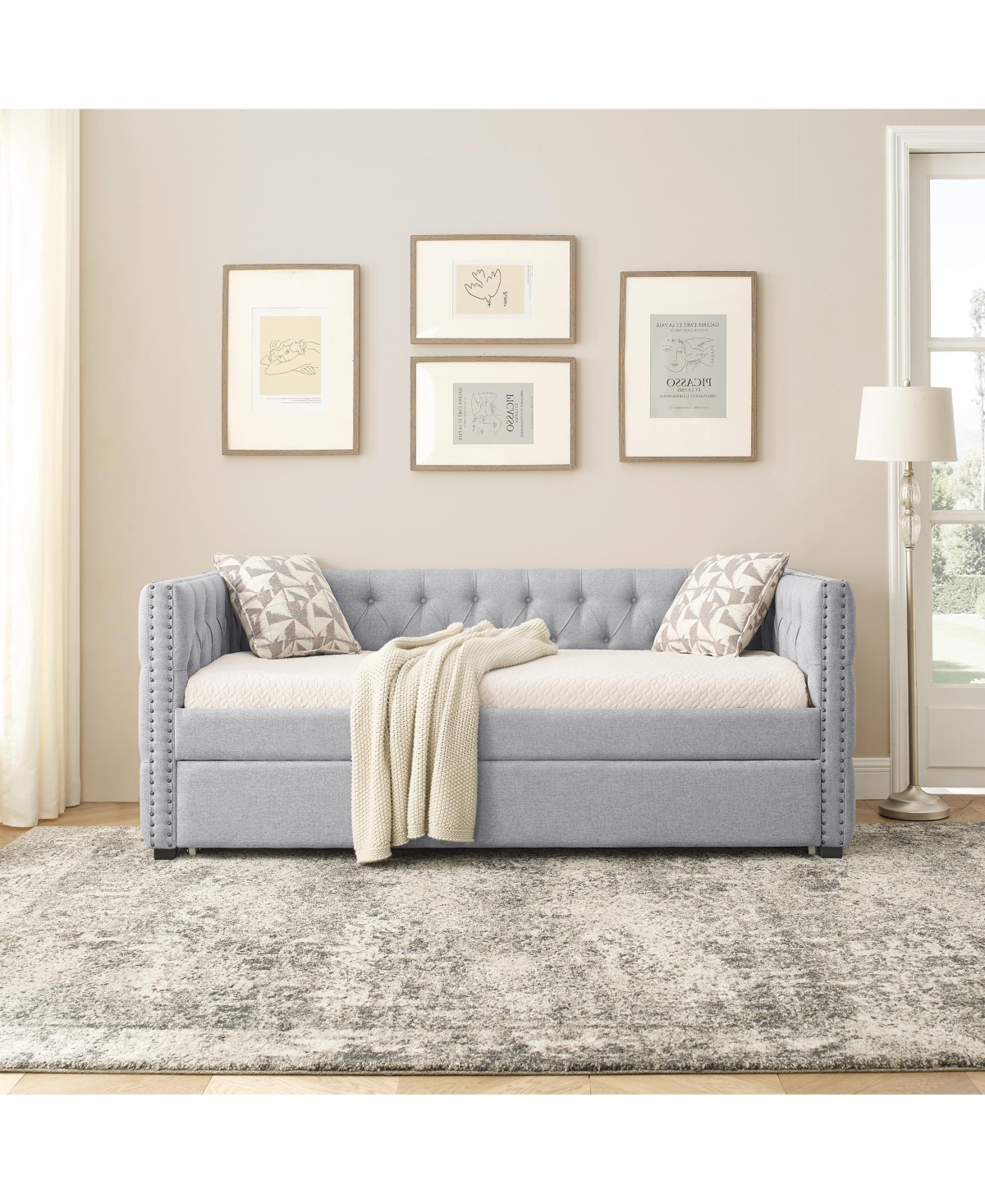 Lovmor Daybed with Trundle, Twin Size, Upholstered Tufted Sofa Bed with Button & Copper Nail Accents on Square Arms